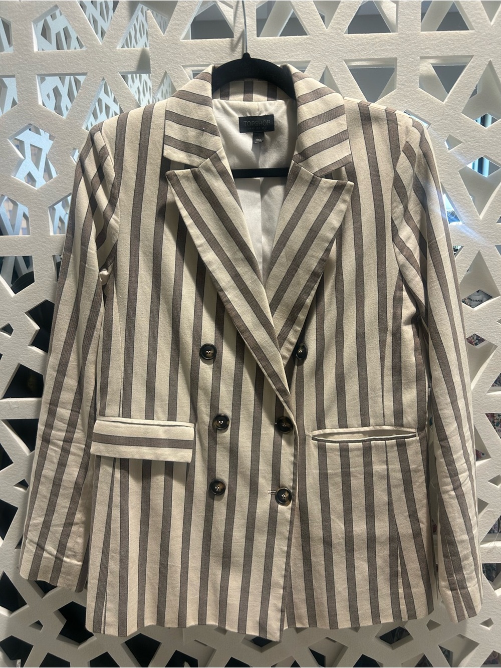 Topshop Cream and Taupe Striped Double-Breasted Blazer